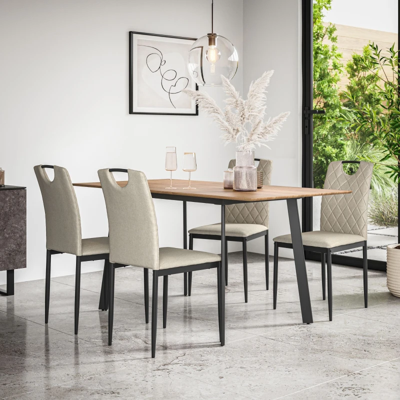 Image of More4Homes Haydon Extending Dining Table And Chairs - Oak Effect Table Top W Black Legs + Monza Linen Dining Chair Set Of 4 (Beige)