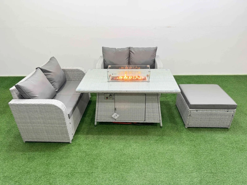 Image of Fimous 5 Seater Outdoor Love Sofa Set Rattan Garden Furniture Set with Firepit Dining Table Big Footstool Light Grey Light Grey