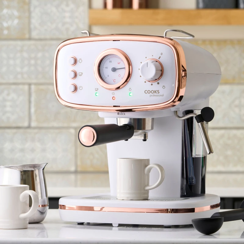 Image of Cooks Professional Coffee Machine Espresso Maker Caffe Barista Pro 15-Bar Pump Frothing Wand White/Copper Copper