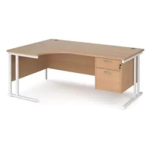 Image of Office Desk Left Hand Corner Desk 1800mm With Pedestal Beech Top With White Frame 1200mm Depth Maestro 25 MC18ELP2WHB