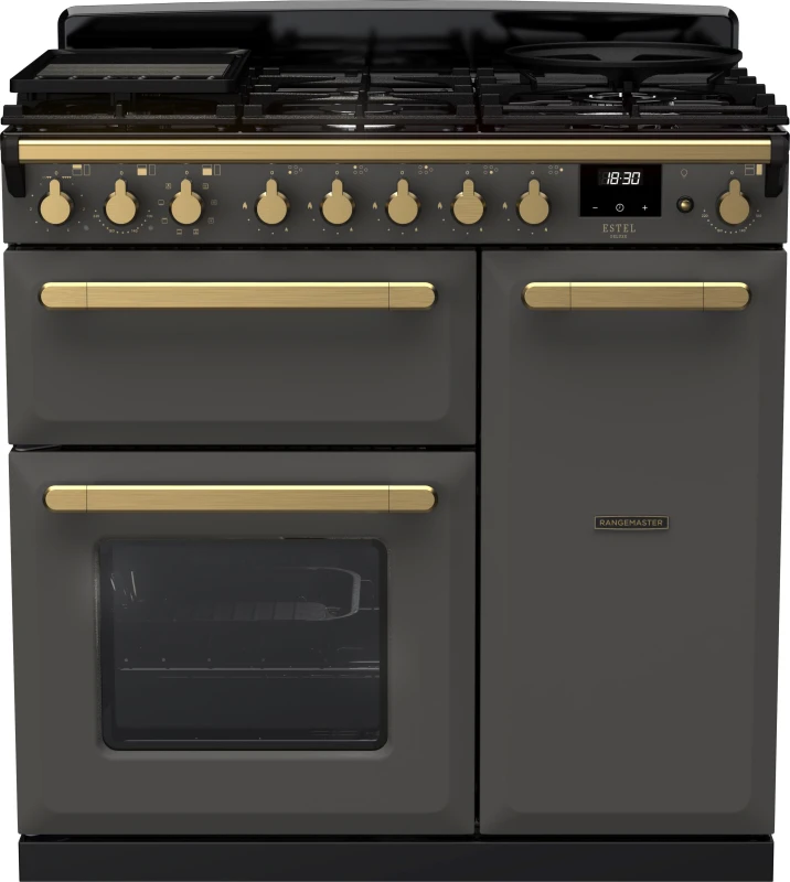 Image of Rangemaster Estel Deluxe ESDL90DFPSLT/AB1 90cm Dual Fuel Range Cooker - Slate / Antique Brass - A/A Rated