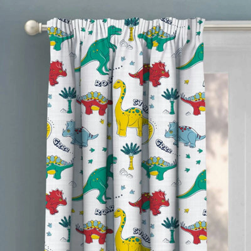 Image of Velosso Dinosaur Pencil Pleat Curtains - Multicolour