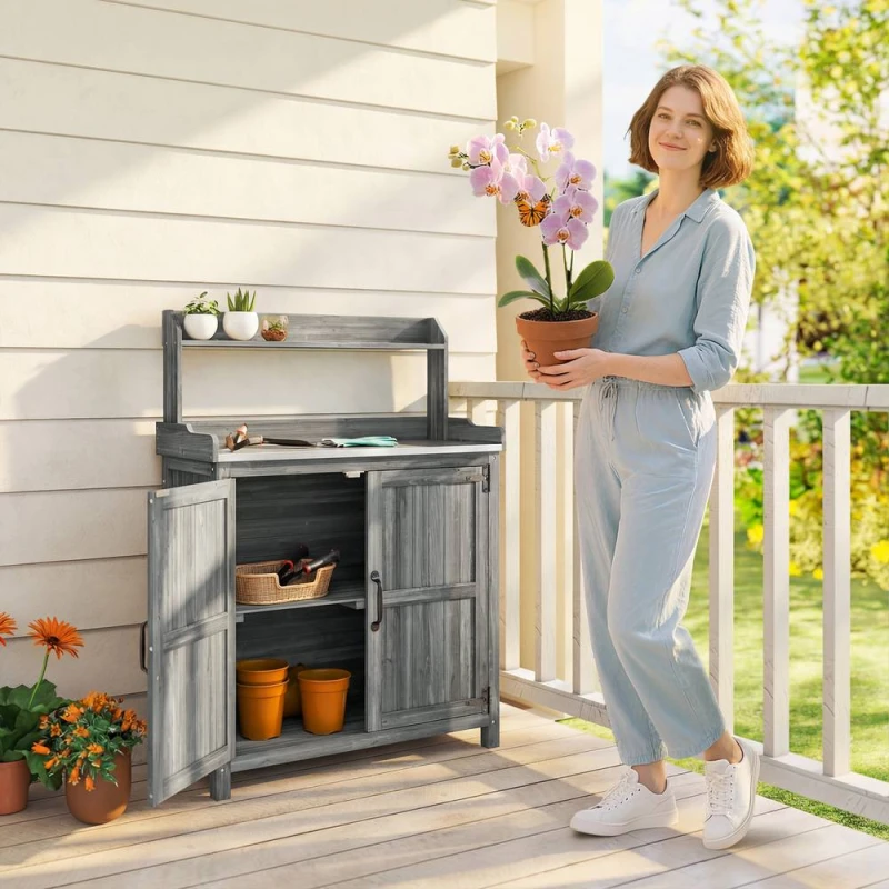 Image of OUTSUNNY Wooden Potting Bench Table with Aluminium Worktop & Top Shelf in Grey Grey Unisex
