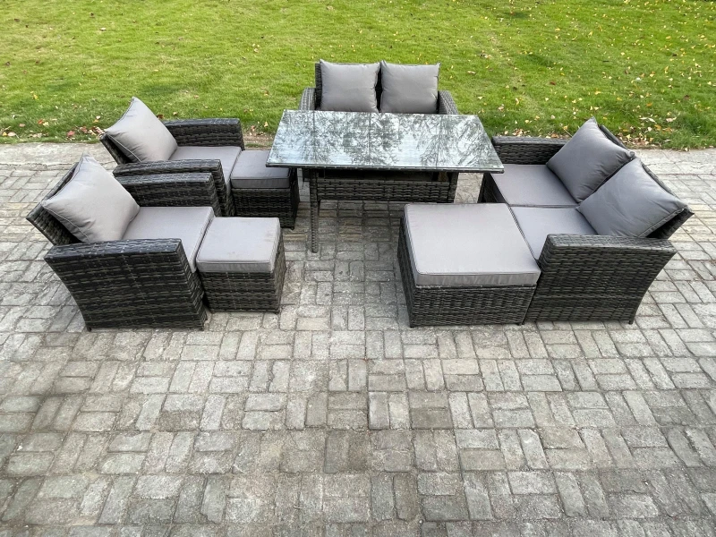 Image of Fimous Garden Furniture Sets 8 Pieces Rattan Furniture Handmade Wicker Patio Sofa Set with 3 Footstools Dark Grey Mixed Dark Grey Unisex