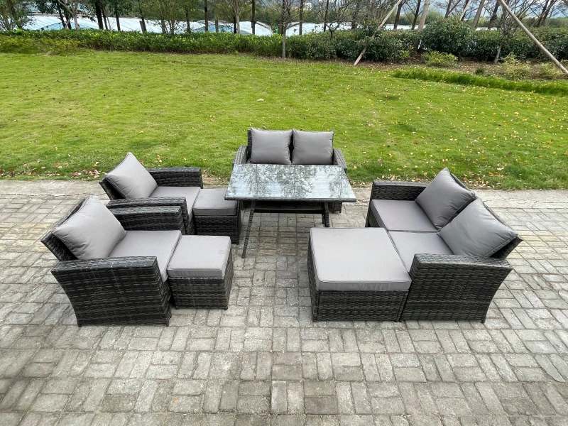 Image of Fimous Garden Furniture Sets 8 Pieces Wicker Rattan Furniture Manual Wicker Patio Sofa Patio Conversation Set with 3 Footstools in Dark Grey Dark Grey