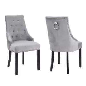 Image of Neo Grey Studded Velvet Dining Chair With Ring Knocker Detail X2