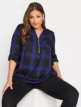 Image of Yours Zip Neck Check Shirt - Cobalt, Blue, Size 16, Women