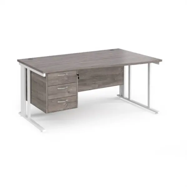 Image of Maestro 25 right hand wave desk 1600mm wide with 3 drawer pedestal - white cable managed leg frame, grey oak top