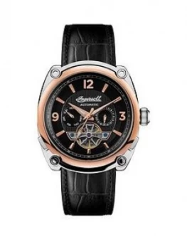 Image of Ingersoll Ingersoll The Michigan Black And Gold Detail Automatic Dial Black Leather Strap Watch