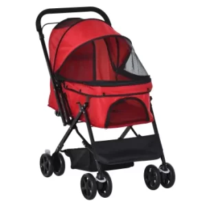 Image of PawHut Pet Stroller Dog Cat Travel Pushchair Foldable Jogger with Reversible Handle EVA Wheel Brake Basket Adjustable Canopy Safety Leash Red