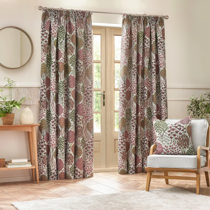 Image of Ophelia Floral Jacquard Pencil Pleat Curtains Rednut, Rednut / 229 x 183cm