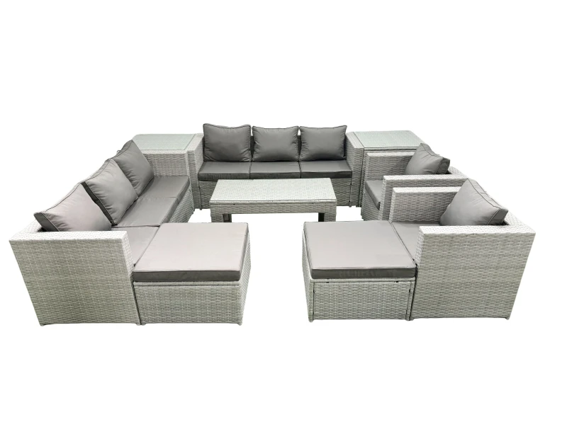 Image of Fimous Outdoor Garden Furniture Rattan Sofa Set with 2 Armchairs Oblong Coffee Table 2 Big Footstools 2 Side Tables Light Grey Mixed Light Grey