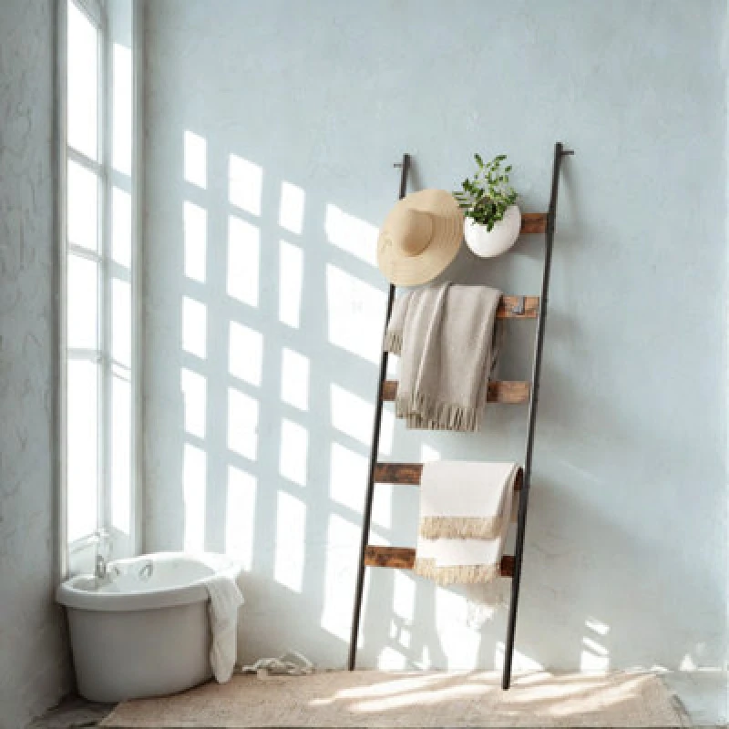 Image of FURNOLD 5-Tier Towel Blanket Ladder Shelf Rack With Hooks