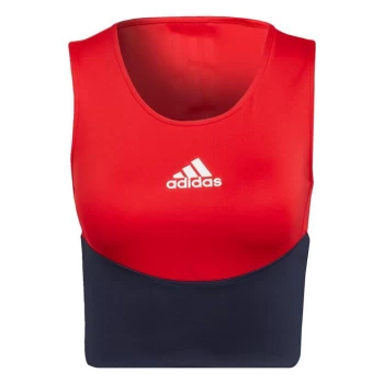 Image of adidas Designed to Move Colorblock 3-Stripes Crop Top Wom - Vivid Red / Legend Ink / White