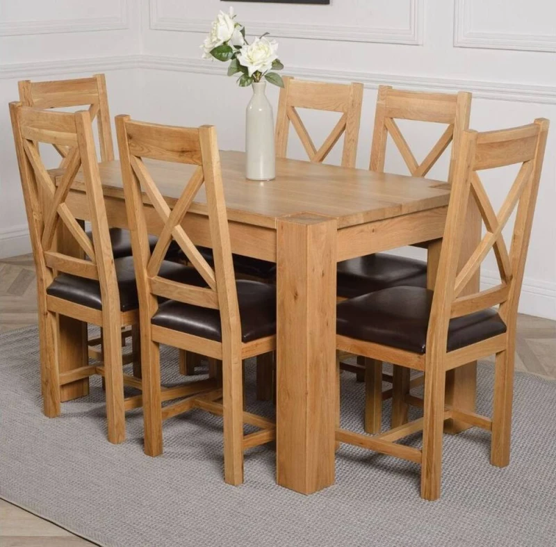 Image of Thats Furniture Kuba 125 x 80cm Chunky Oak Small Dining Table & 6 Berkeley Leather Chairs in Brown Size: 125 x 80cm Brown Unisex 125 x 80 cm