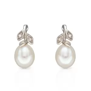 Image of JG Signature 9ct White Gold Pearl & Diamond Leaf Design Earrings