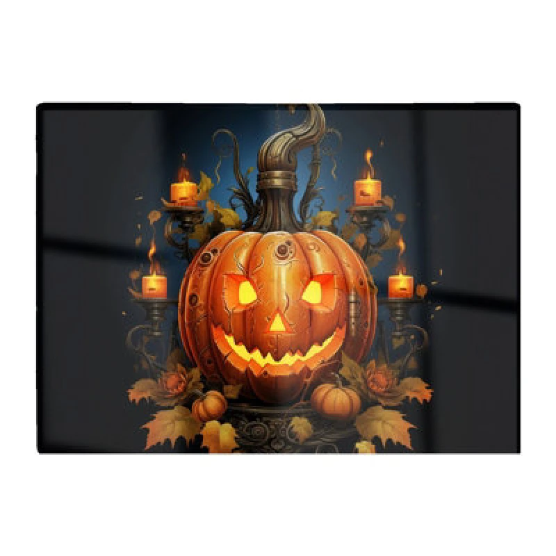 Image of Warren Reed Designer Spooy Pumpkin And Small Candles Glass Chopping Board