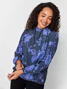 Image of M&Co Floral Bow Neck Bubble Hem Blouse, Blue, Size 14, Women