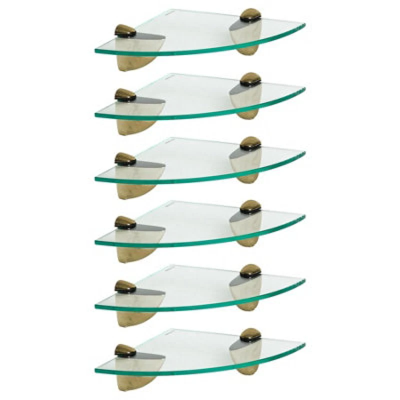 Image of Harbour Housewares 6X Floating Glass Corner Shelves - 20Cm - Gold Brackets - Bathroom Shower Storage Vanity Display Unit Shelf