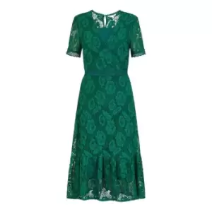 Image of Yumi Green Lace Skater Ruffle Hem Midi Dress - Green