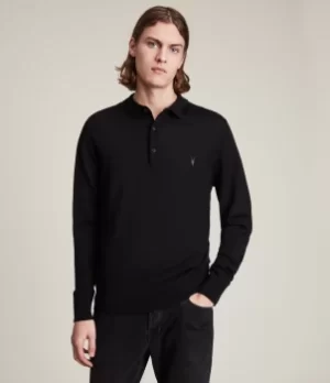 Image of AllSaints Mens Merino Wool Lightweight Slim Fit Mode Long Sleeve Polo Shirt, Black, Size: XS