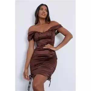 Image of I Saw It First Chocolate Satin Corset Style Ruched Mini Dress - Brown