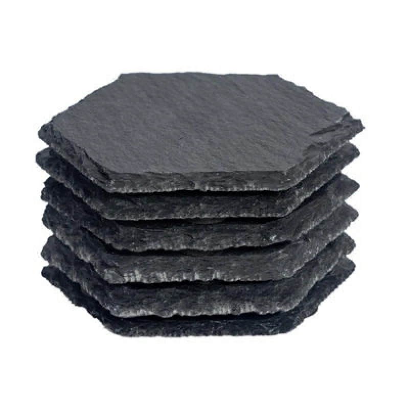 Image of Argon Tableware Hexagon Slate Coasters - 9.5cm - 6x Natural Black Stone Home Kitchen Drink Coffee Cup Glass Holder Table Mat Placemats Black