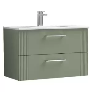 Image of Nuie Deco Satin Green 800mm Wall Hung 2 Drawer Vanity Unit with 18mm Profile Basin - DPF895B - Satin Reed Green