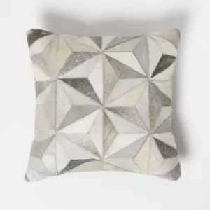 Image of Homescapes - Geometric Star Grey Leather Cushion 45 x 45cm - Grey & Cream