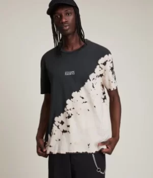 Image of AllSaints Mens Cotton Relaxed Fit Jaxx Crew T-Shirt, Black and Beige, Size: XS