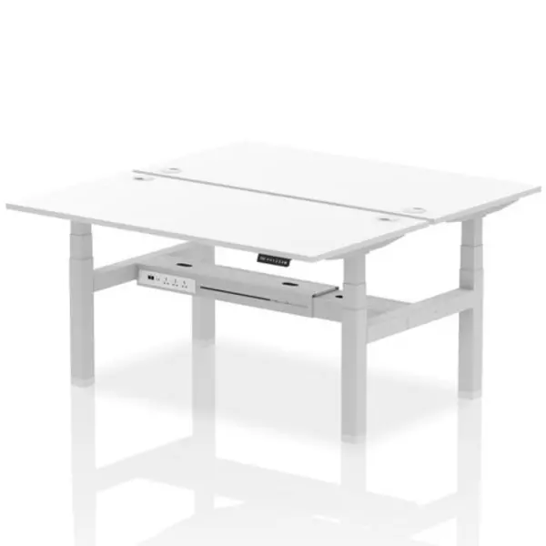 Image of Air Air Back-to-Back 1600 x 800mm Height Adjustable 2 Person Bench Desk White Top with Cable Ports Silver Frame HASCP2P16800WHTS