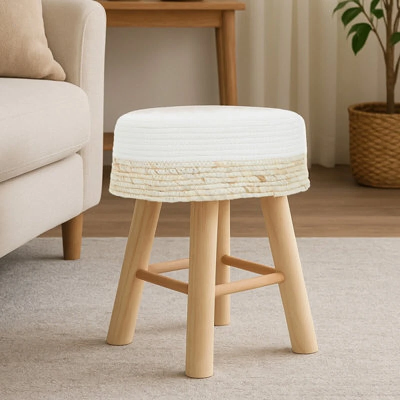 Image of Orsina Stylish Natural And White Stool , Durable Kitchen Stool For Bedroom, Versatile Design Bar Stool For Guests