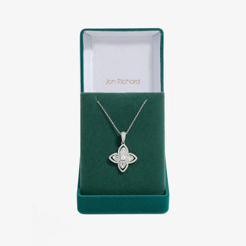 Image of Jon Richard Rhodium And Crystal Cubic Zirconia Floral Necklace - Gift Box Silver female