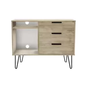 Image of Hirato Ready Assembled 3 Drawer TV Unit Nebraska Oak Black Metal Hairpin Legs