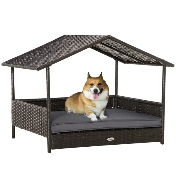 Image of PawHut Rattan Dog House, Elevated Wicker Pet Bed Lounge with Removable Cushion and Canopy, for Small and Medium Dogs, 98 x 69 x 73cm - Grey