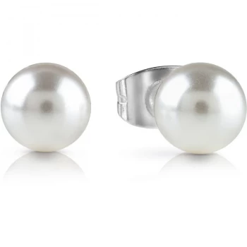 Image of GUESS rhodium plated small Swarovski pearl stud earrings.