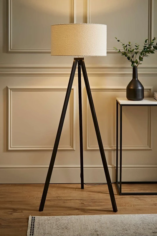 Image of ValueLights ValueLights Barbro Black Wood Tripod Floor Light Lamp with Reni Boucle Shade in Cream Cream One Size Unisex 5059406036484
