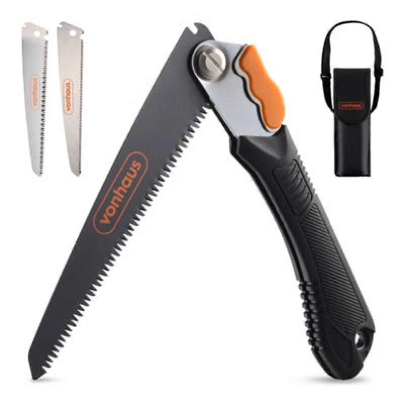 Image of Vonhaus Pruning Saw, Folding Hand Saw, 3 Blades, Safety Lock, Pouch, For Tree Pruning, Camping, Garden Jobs, Metals, Plastics