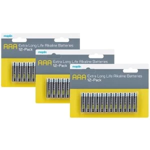 Image of Maplin Extra Long Life High Performance Alkaline AAA 1.5V Batteries x36 (3x 12 Pack)
