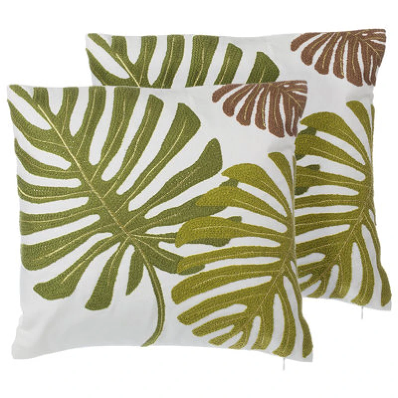 Image of Beliani Set Of 2 Decorative Cushions Zenobia Cotton 45 X 45cm Dark Green Plant Pattern