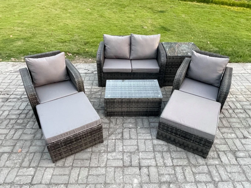 Image of Fimous Outdoor Lounge Sofa Set Rattan Garden Furniture Set with Rectangular Coffee Table 2 Big Footstool Side Table Dark Grey