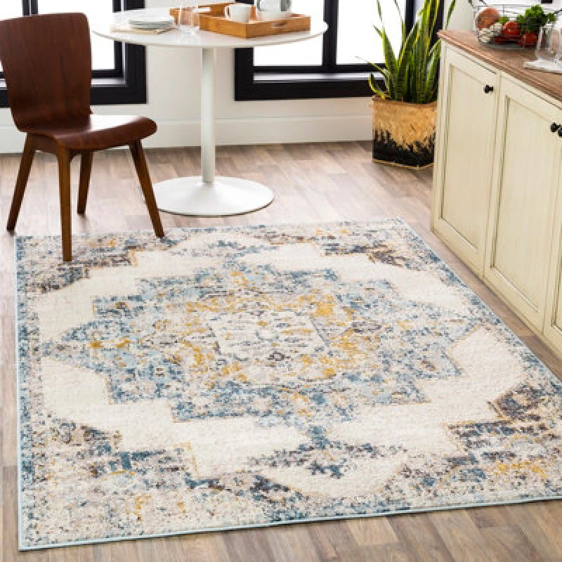 Image of Livabliss Vintage Oriental Boho Sky Blue Agra Area Rug 200 X 275cm - Easy Care, Non Shedding, Ideal For Living Room & Bedroom