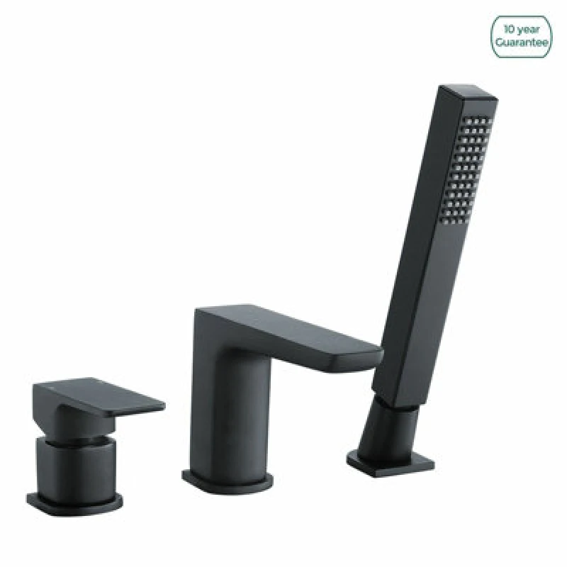 Image of Nes Home Designer Matte Black Bath Filler Taps With Shower Handset Mixer 3 Tap Hole