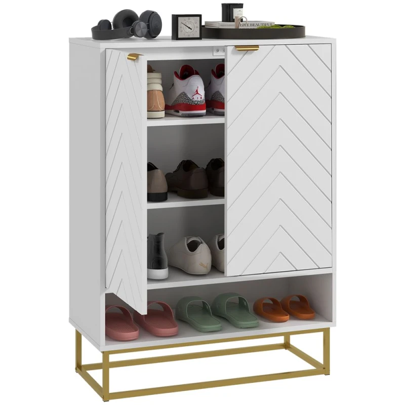Image of HOMCOM Shoe Cabinet With 2 Chevron Doors, Adjustable Shelf For 12 Pairs, White 837-443V80WT