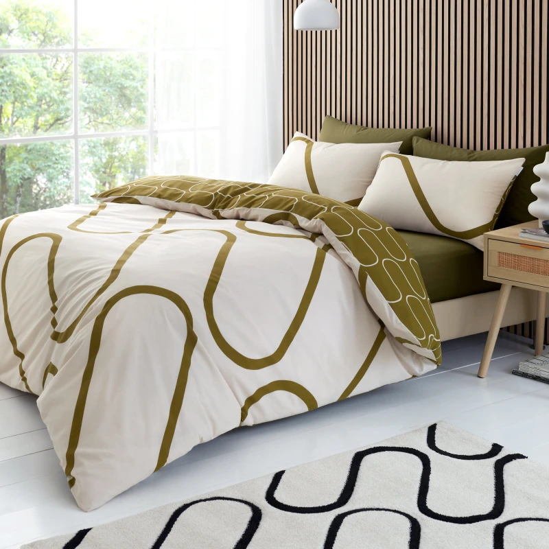 Image of Catherine Lansfield 'Linear Curve Geometric' Duvet Set Olive