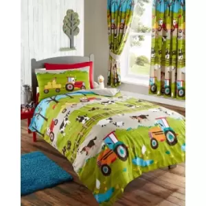 Image of Portfolio Home Kids Club Farm Yard Animals Duvet Cover And Pillow Case Green Bed Set - Single