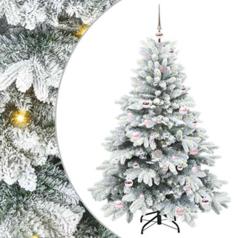 Image of vidaXL Artificial Christmas Tree with 150 LEDs, Pink Balls Snow Flocked Green 150cm PE and PVC, Green 3397603