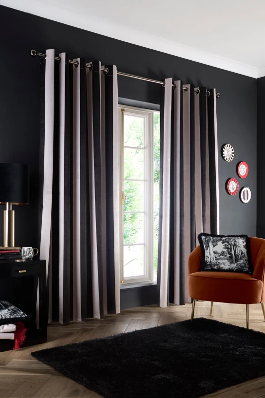 Image of Laurence Llewelyn-Bowen Laurence Llewelyn-Bowen 'Festivo Stripe' Striped Velvet Blackout Pair of Eyelet Curtains Size: 168cm width x 183cm drop Blac