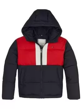 Image of Boys, Tommy Hilfiger Kids Hooded Colour Block Padded Jacket - Navy, Size Age: 12 Years