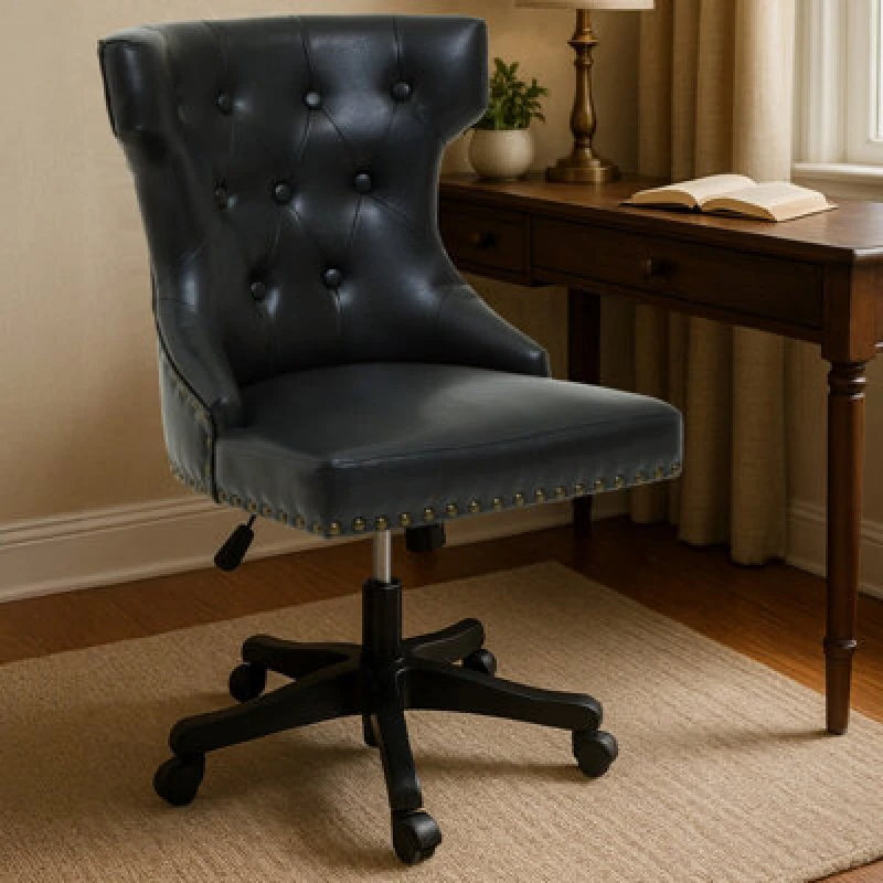 Image of Orsina Black Leather Effect Office Chair, Tufted Wingback Seat With Studded Trim, Height Adjustable Swivel Chair